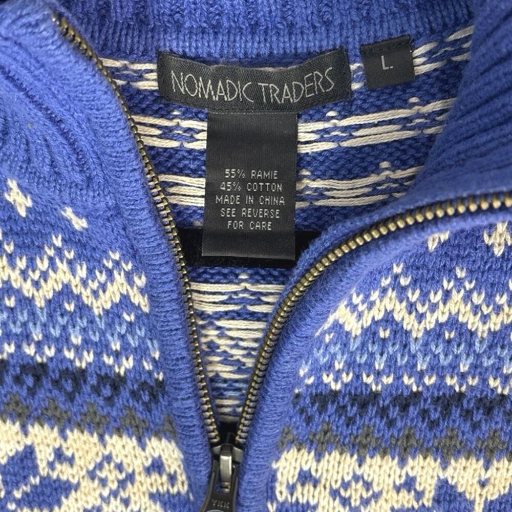 Nomadic Traders Sweater Womens Medium Blue Fair Isle 1/4 Zip - Picture 2 of 8